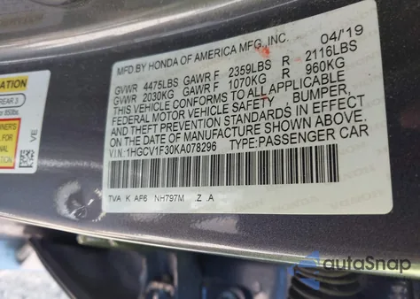 2019 Honda Accord Sport from USA, damaged, VIN 1HGCV1F30KA078296